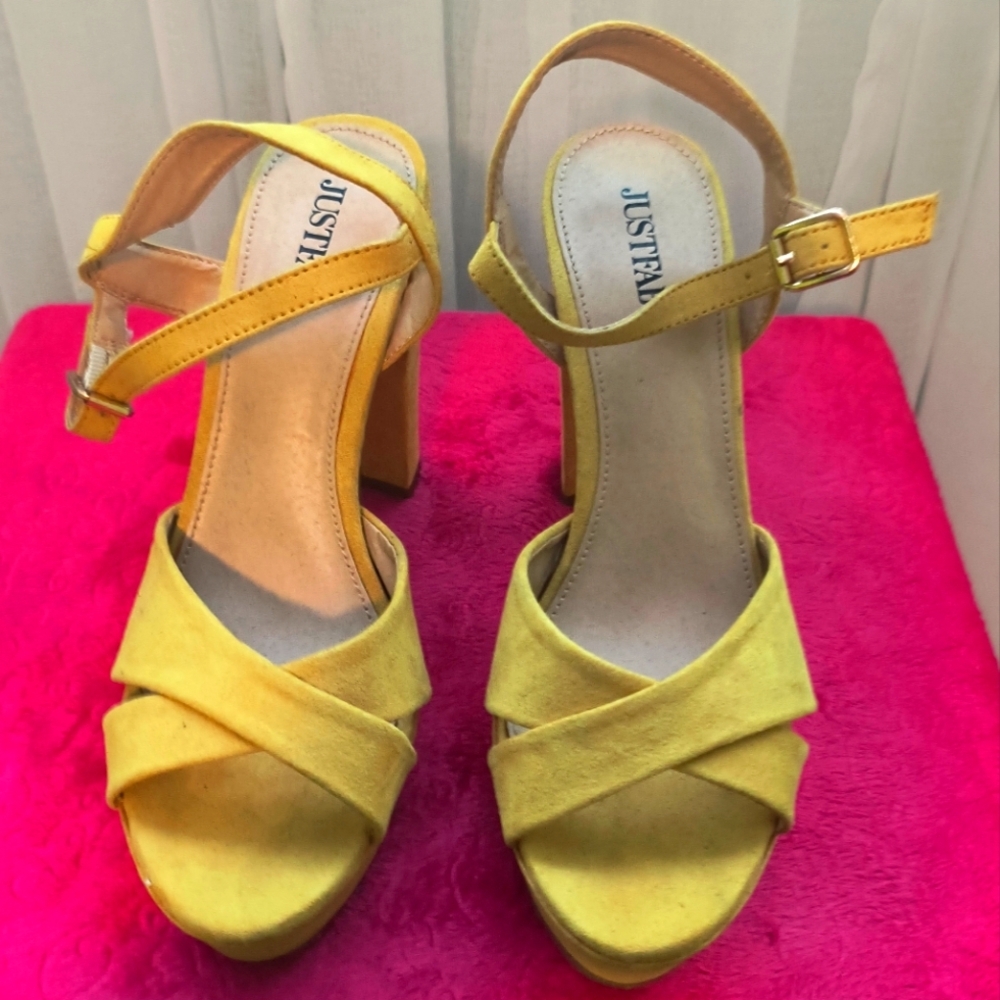 Yellow platform ankle strap sandals, size 7.5 us, excellent used condition